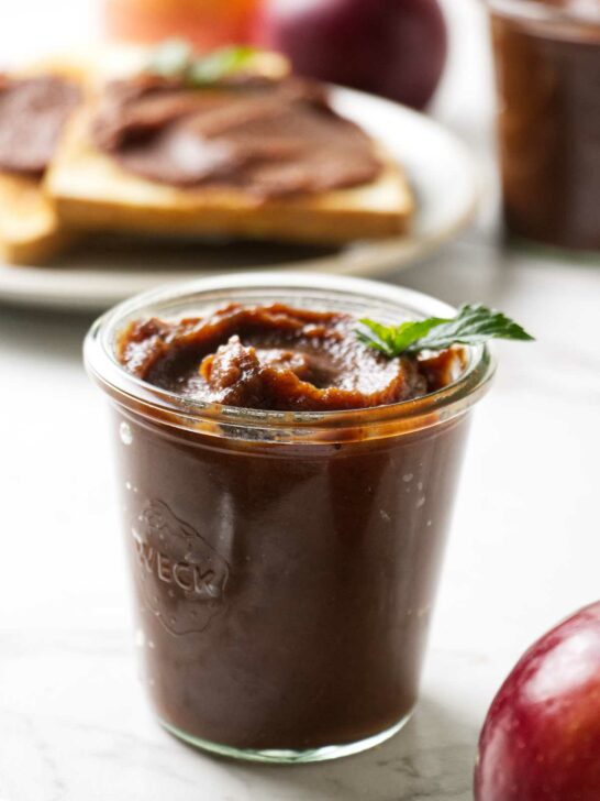 A jar of apple butter sugar free made in the crockpot.