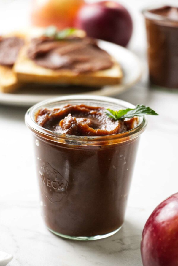 A jar of apple butter sugar free made in the crockpot.