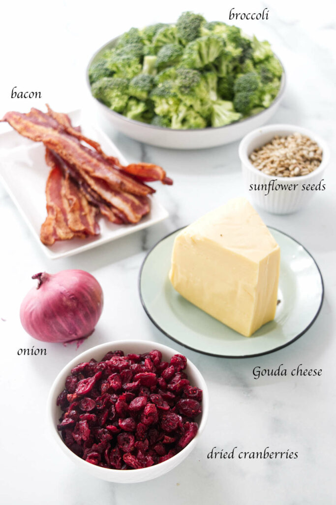 Ingredients for a broccoli cranberry salad.