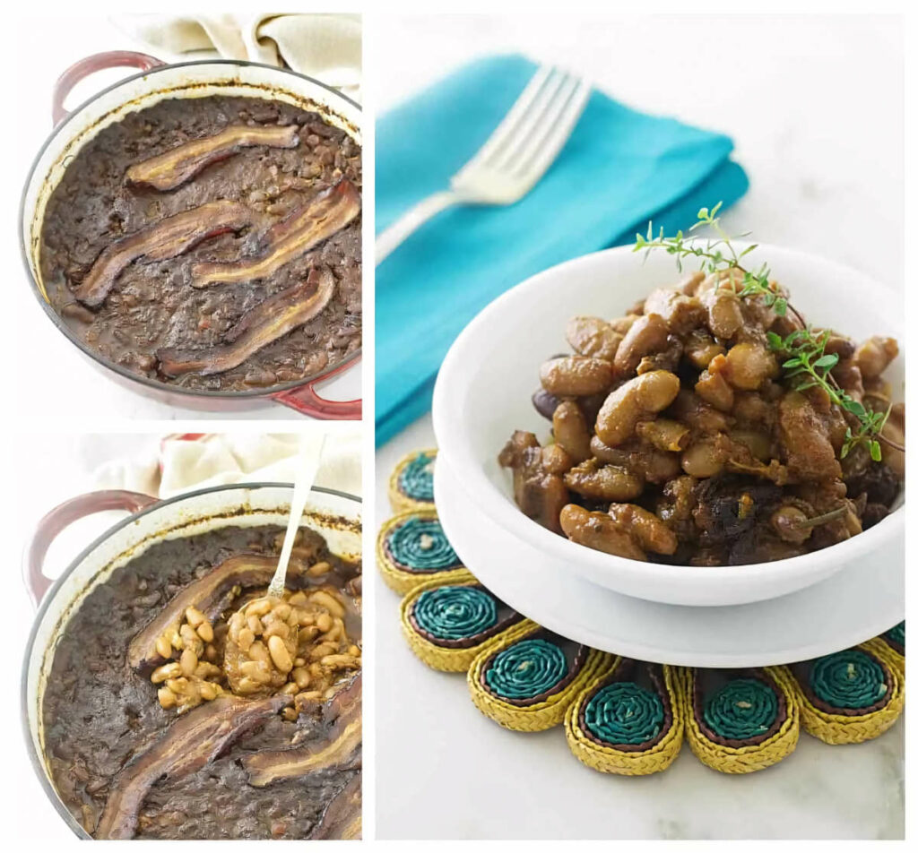 A collage of baked beans made with dry beans and molasses.