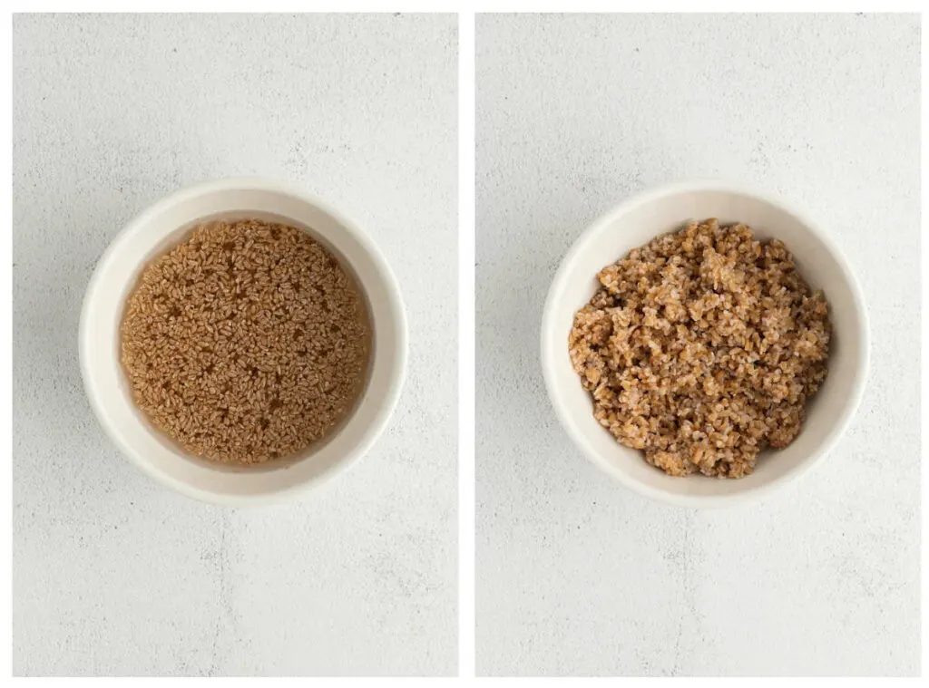 Before and after shots of cooking and softening cracked wheat.