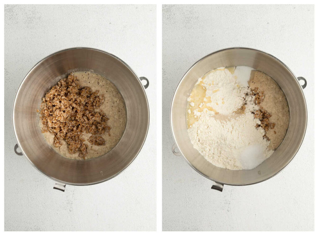 Adding the sponge and cracked wheat to a bowl then adding the rest of the ingredients.