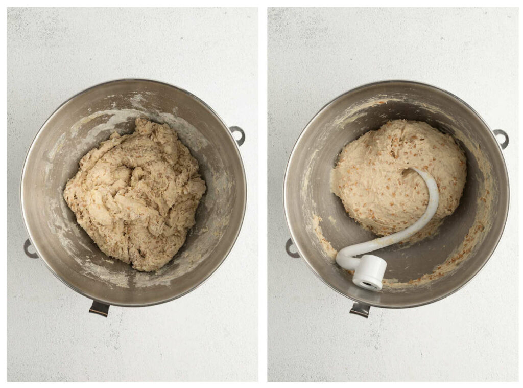 On the right is the first mix and on the left is the smooth dough after the rest and last mix.