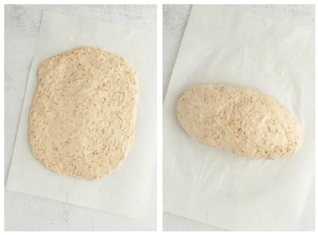 Shaping the dough to go into the bread pan.