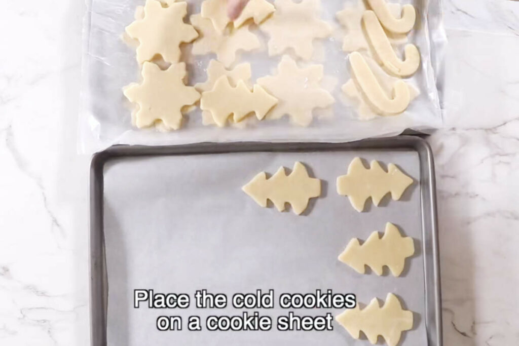 Transferring sugar cookies to a baking sheet.