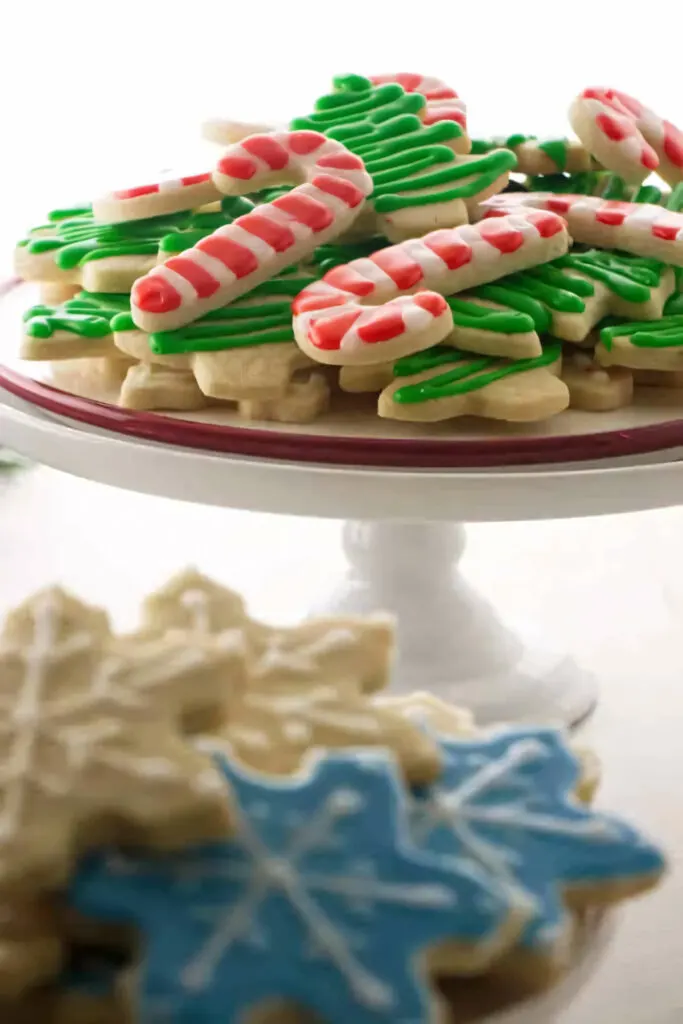 A platter of decorated Christmas cookies made from roll out sugar cookie dough.