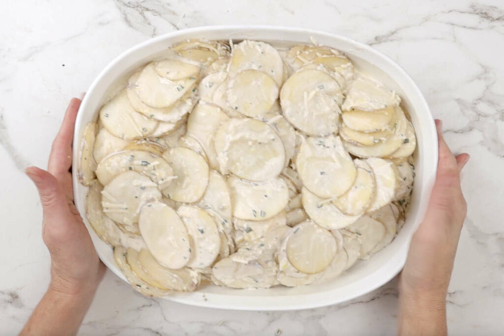 Transferring the potato and cream mixture to a baking dish.