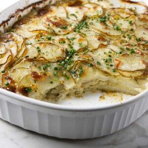 A rustic potato gratin in a baking dish.