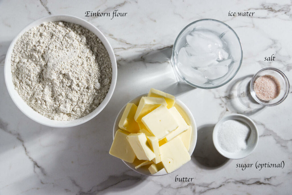 Ingredients used to make pie dough with einkorn flour.