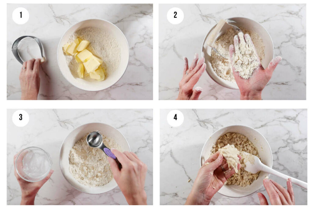 Four photos showing how to mix the flour, butter, and water for a pie crust.