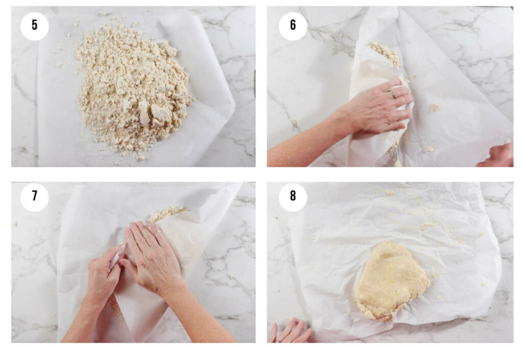 Four photos showing how to press and fold pie dough to get flaky layers.