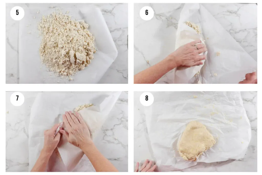 Four photos showing how to press and fold pie dough to get flaky layers.