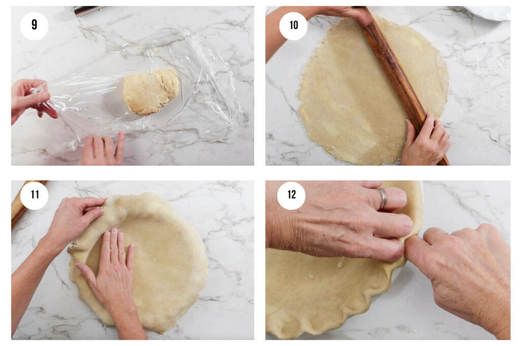 Four photos showing how to roll pie dough and transfer it to a pie plate.