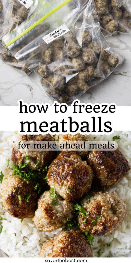 Long pinterest pin with two photos of cooked frozen meatballs.