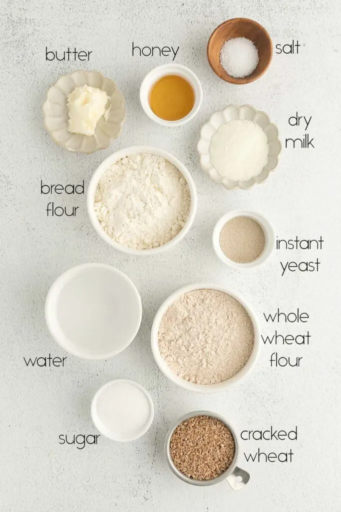 Ingredients for making cracked wheat bread.