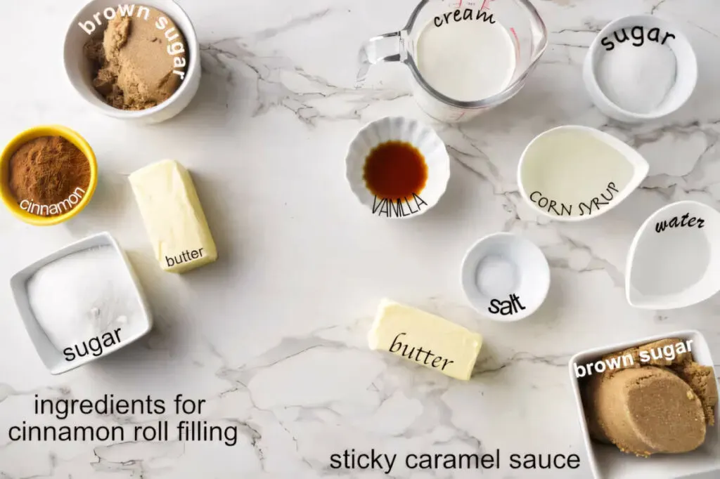 Ingredients used to make the cinnamon filling and the caramel sauce.