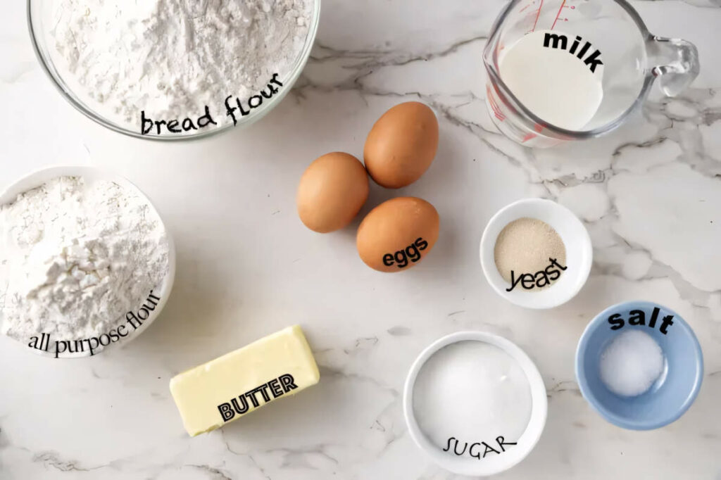 Ingredients used to make the dough for gooey cinnamon buns.