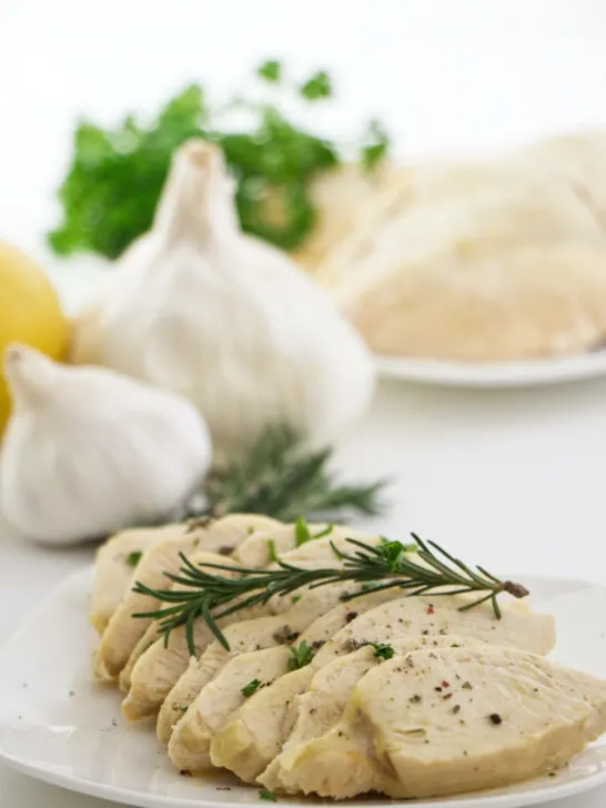 A serving of cooked Instant pot frozen chicken breast.