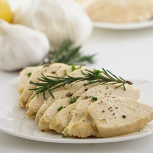 A serving of frozen chicken breast cooked in the Instant Pot.