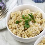 A bowl of sprouted brown rice topped with parsley.