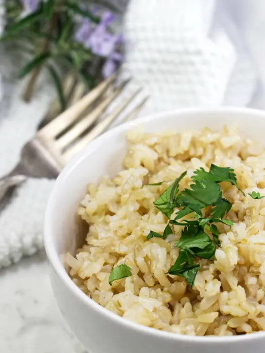 A serving of brown sprouted rice in a bowl.