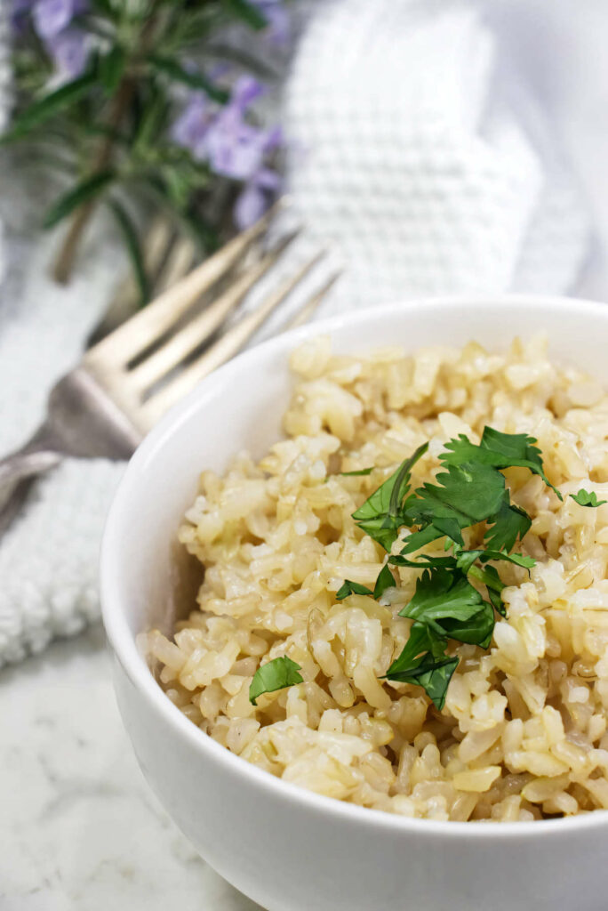 A serving of brown sprouted rice in a bowl.