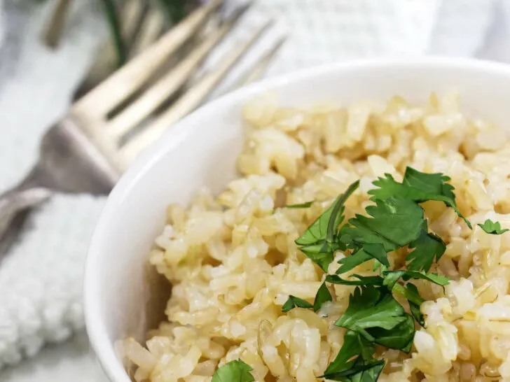 A serving of brown sprouted rice in a bowl.