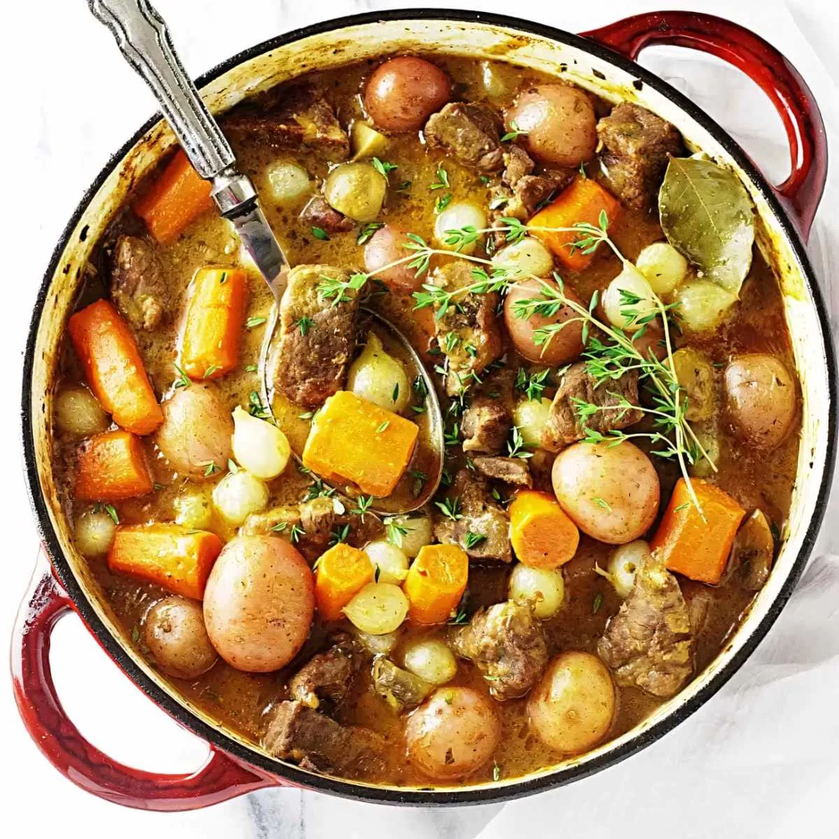 Stew with lamb in a Dutch oven.