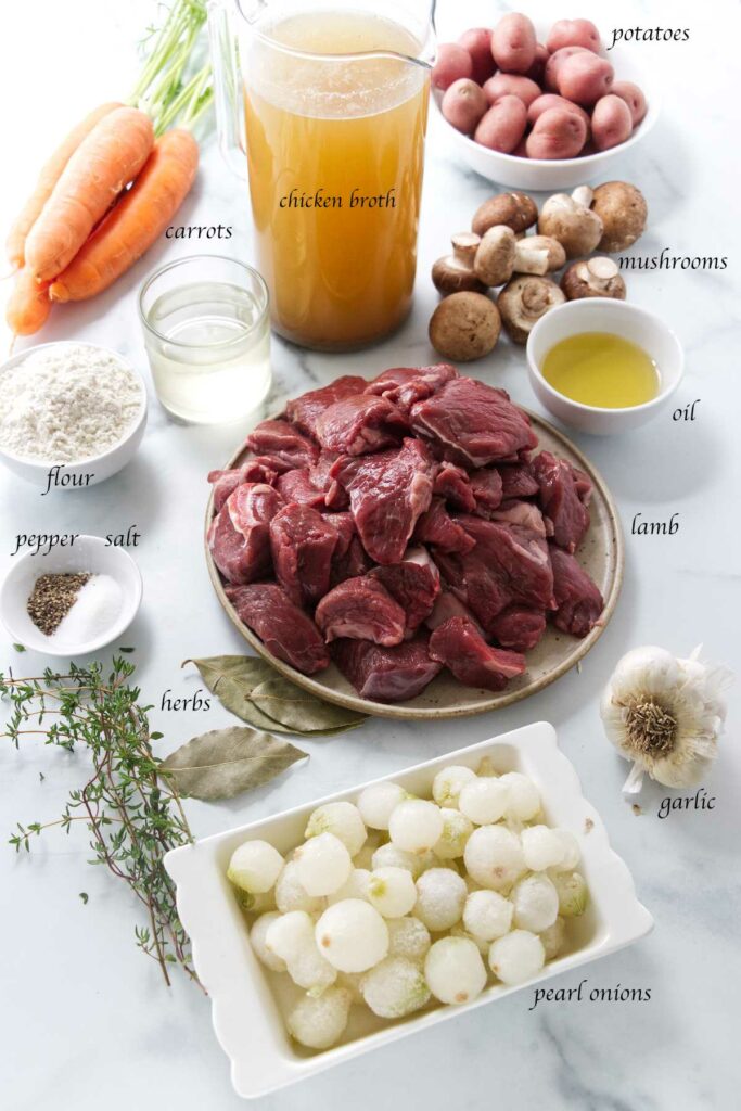 Ingredients for lamb stew with wine.