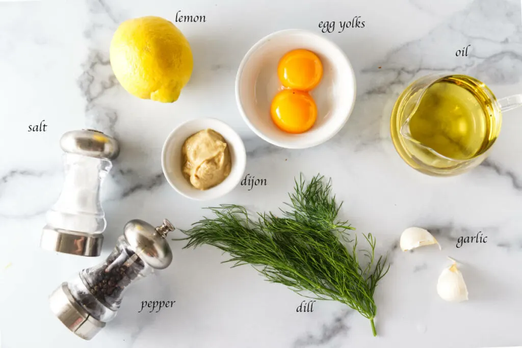 Ingredients for lemon dill aioli recipe.