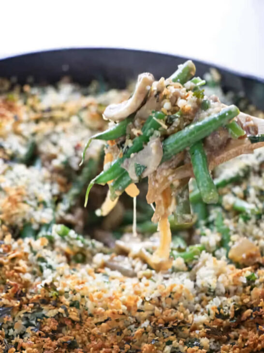 A green bean casserole made with fresh green beans and mushrooms.