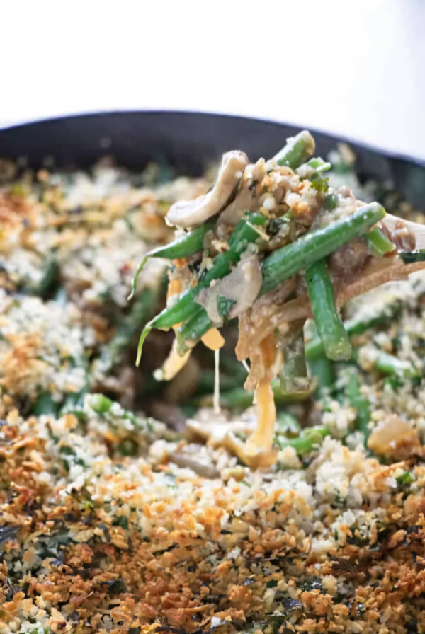 A green bean casserole made with fresh green beans and mushrooms.