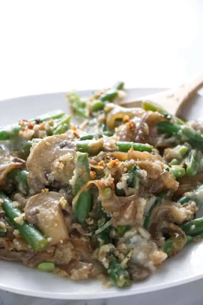 A serving of green bean and mushroom casserole.