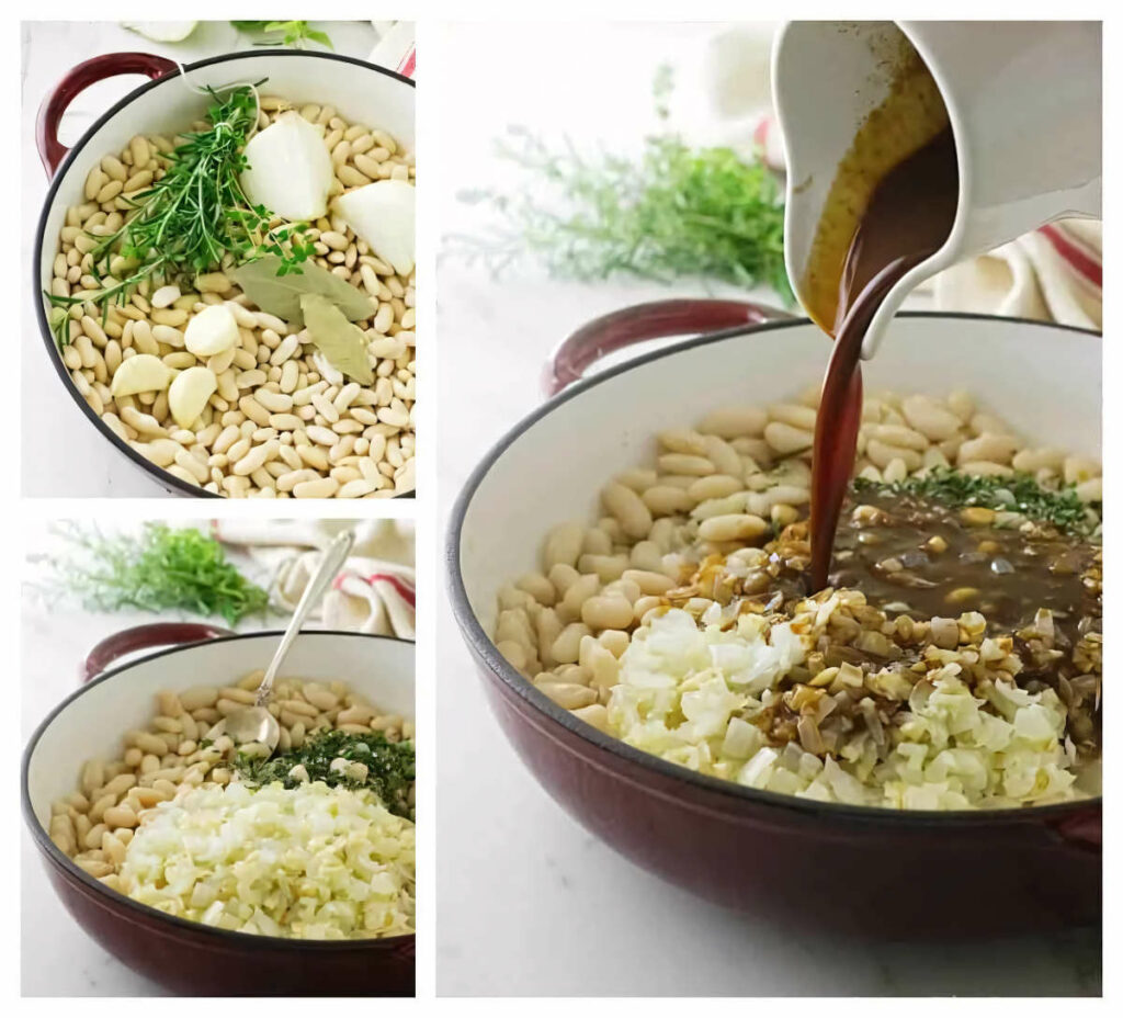 A collage showing how to make baked beans from scratch with dry beans.