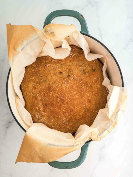 Rustic rye bread in a Dutch oven.