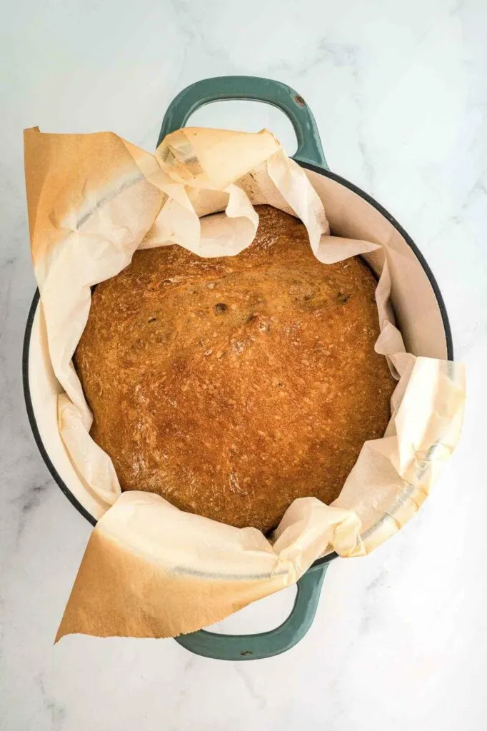 Rustic rye bread in a Dutch oven.