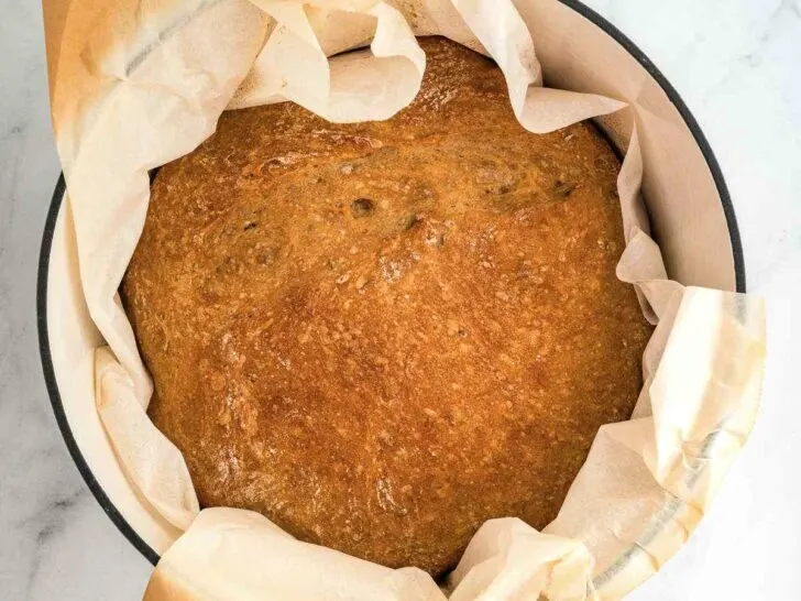 Rustic rye bread in a Dutch oven.