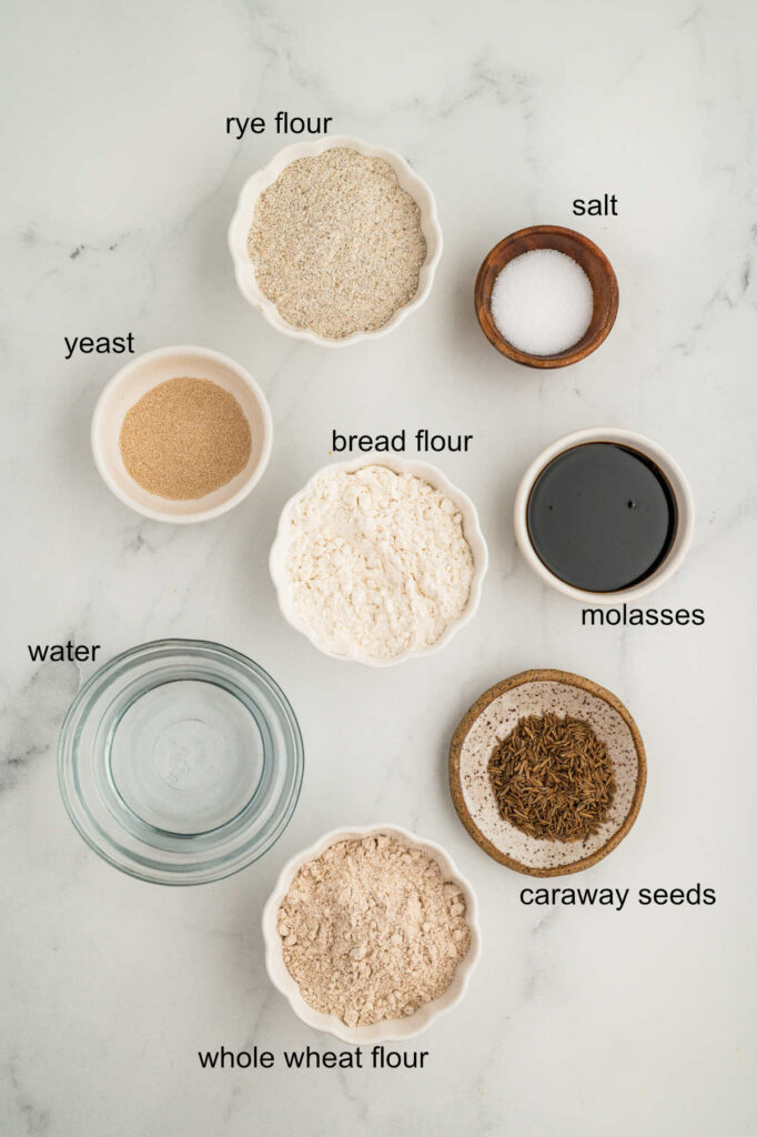 Ingredients used to make no knead rye bread recipe.