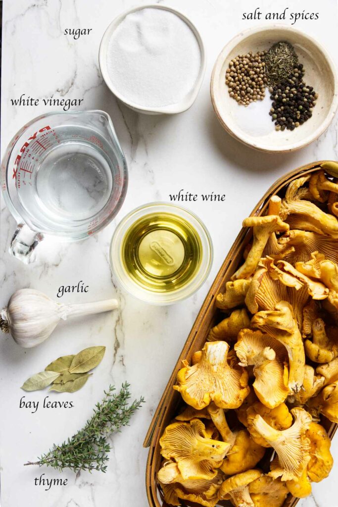 Ingredients used to make pickled chanterelles.