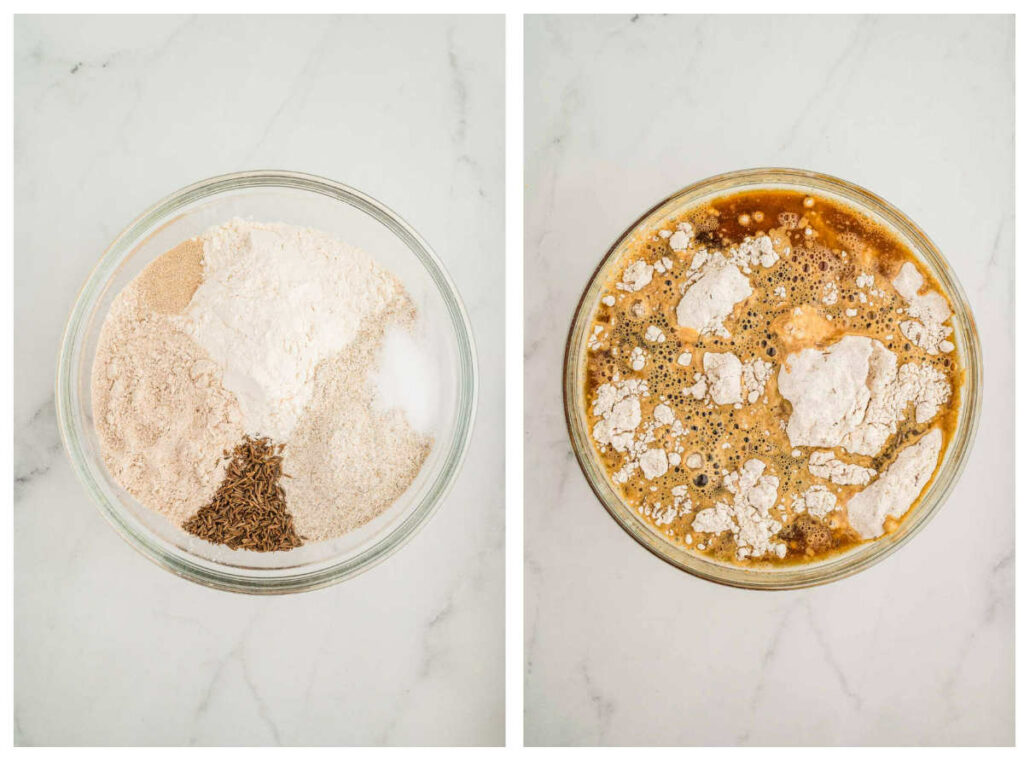 Mixing dry ingredients on the left and combining the wet ingredients on the right.