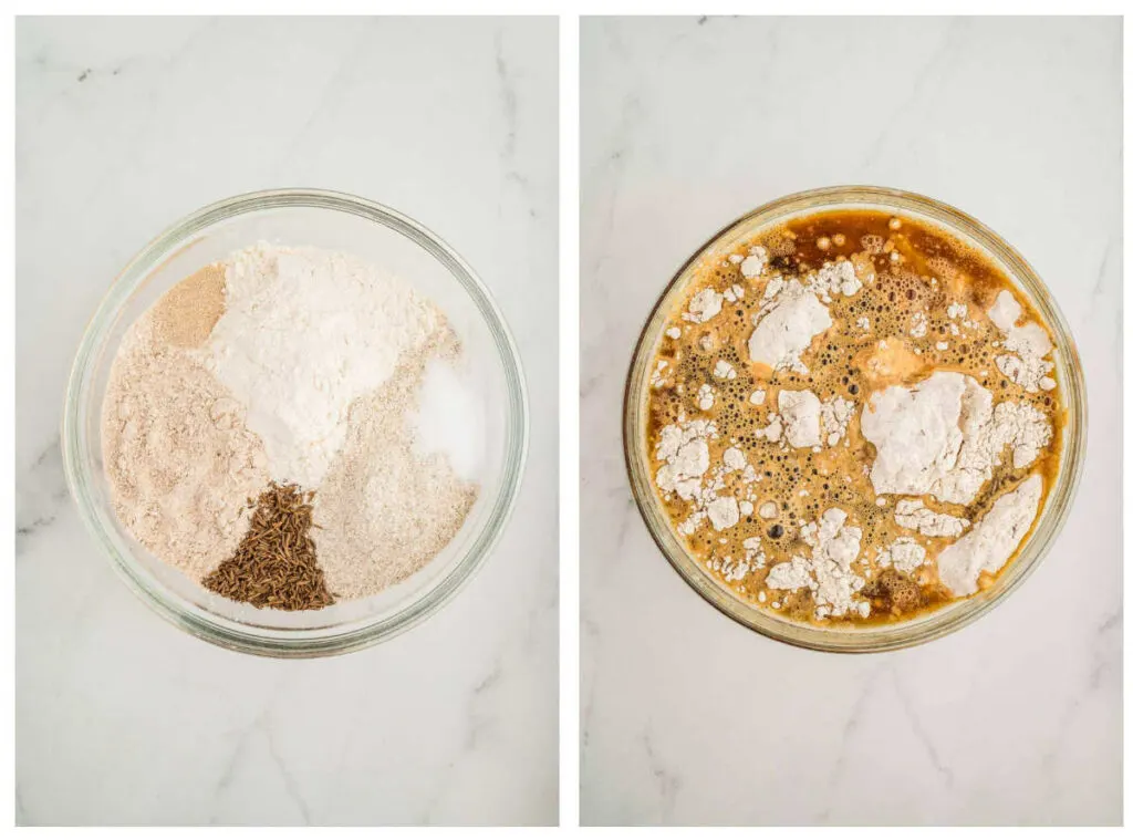 Mixing dry ingredients on the left and combining the wet ingredients on the right.