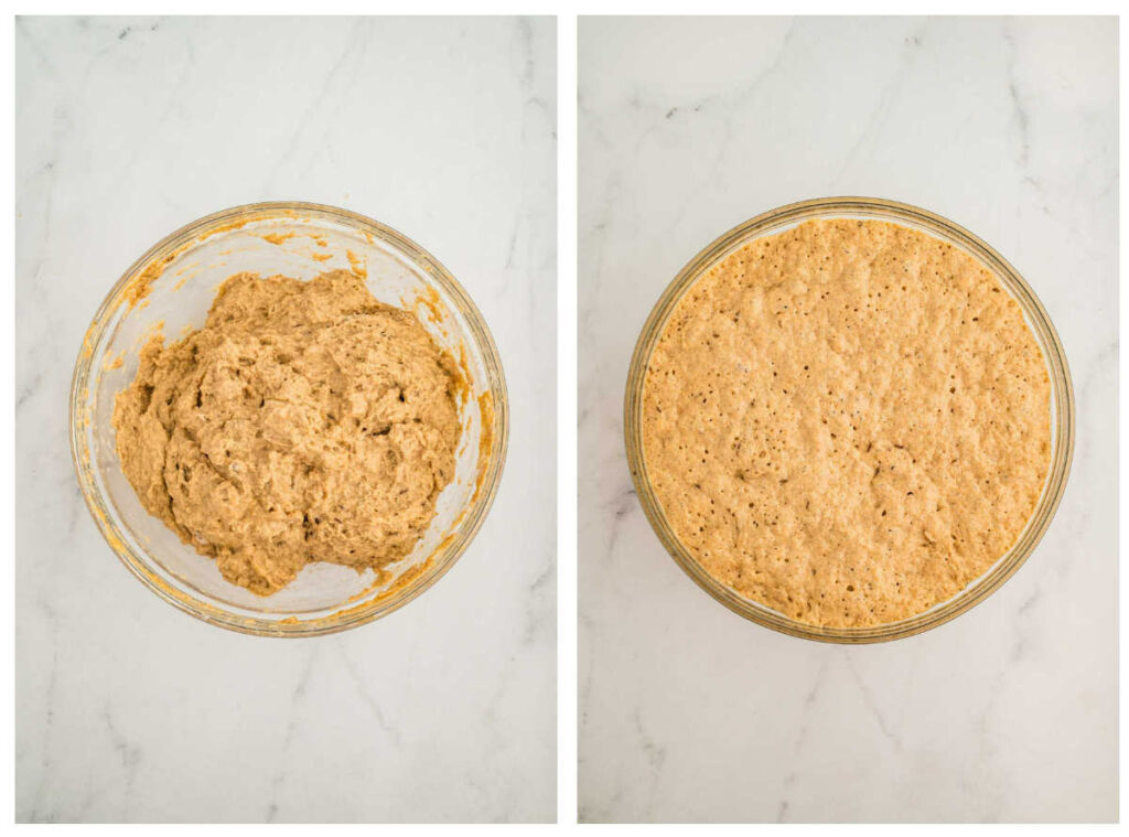 Mixing the shaggy dough on the left and letting the rye dough proof on the right.