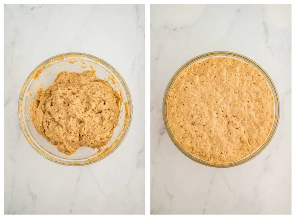 Mixing the shaggy dough on the left and letting the rye dough proof on the right.