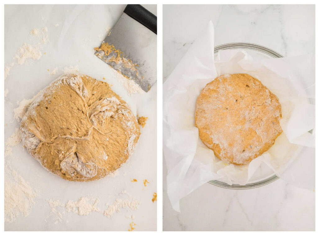 Using a bench scraper to fold the dough and placing the dough in a bowl with parchment paper.