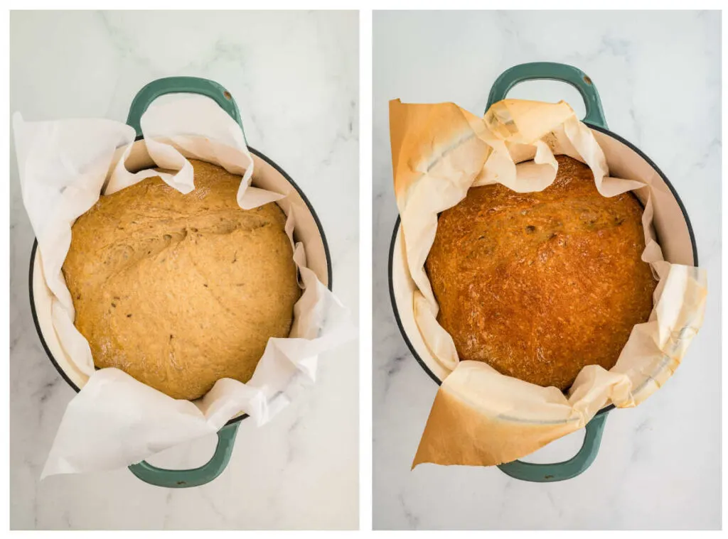 Placing the loaf in a Dutch oven on the left and the finished baked rye bread on the right.