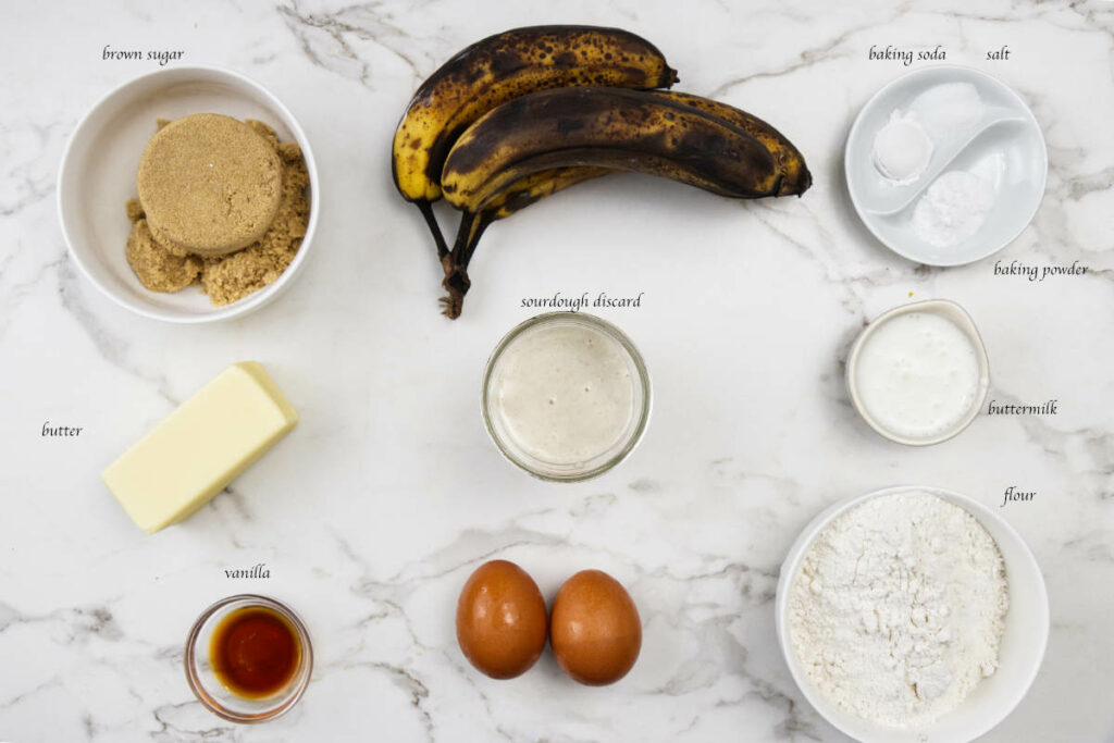 Ingredients used to make sourdough discard banana cake.