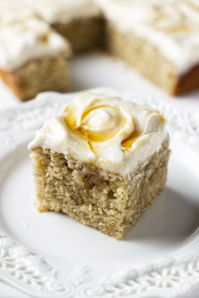 A slice of sourdough discard banana cake.