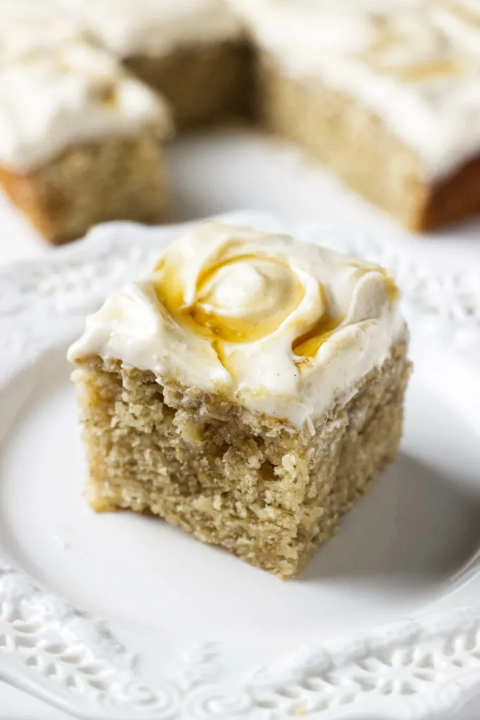 A slice of sourdough discard banana cake.