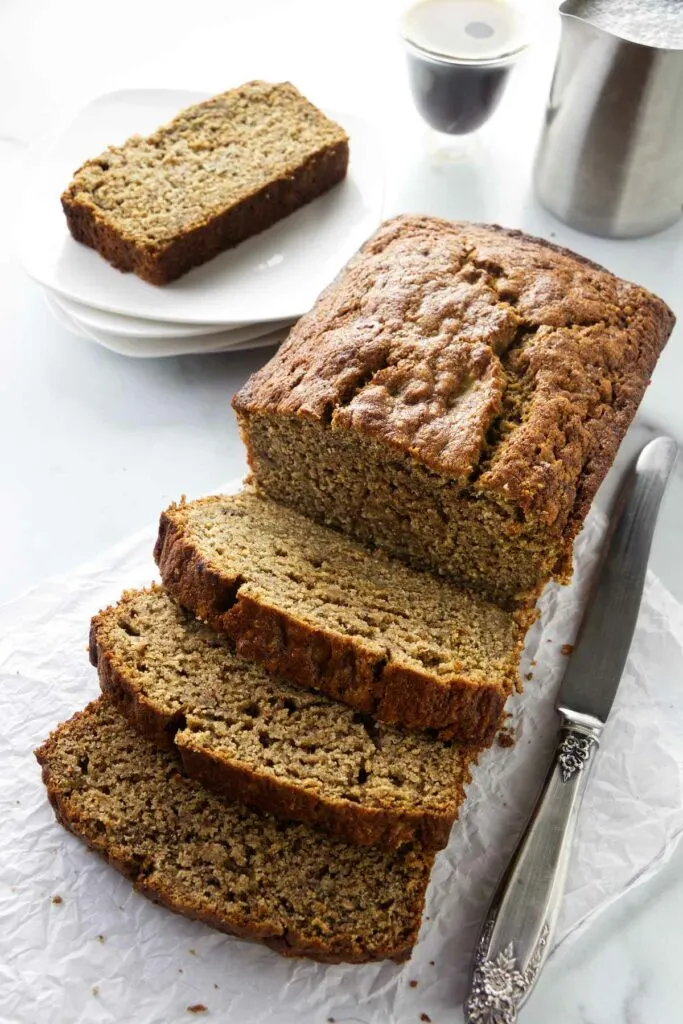 Several slices of banana bread made with spelt flour.