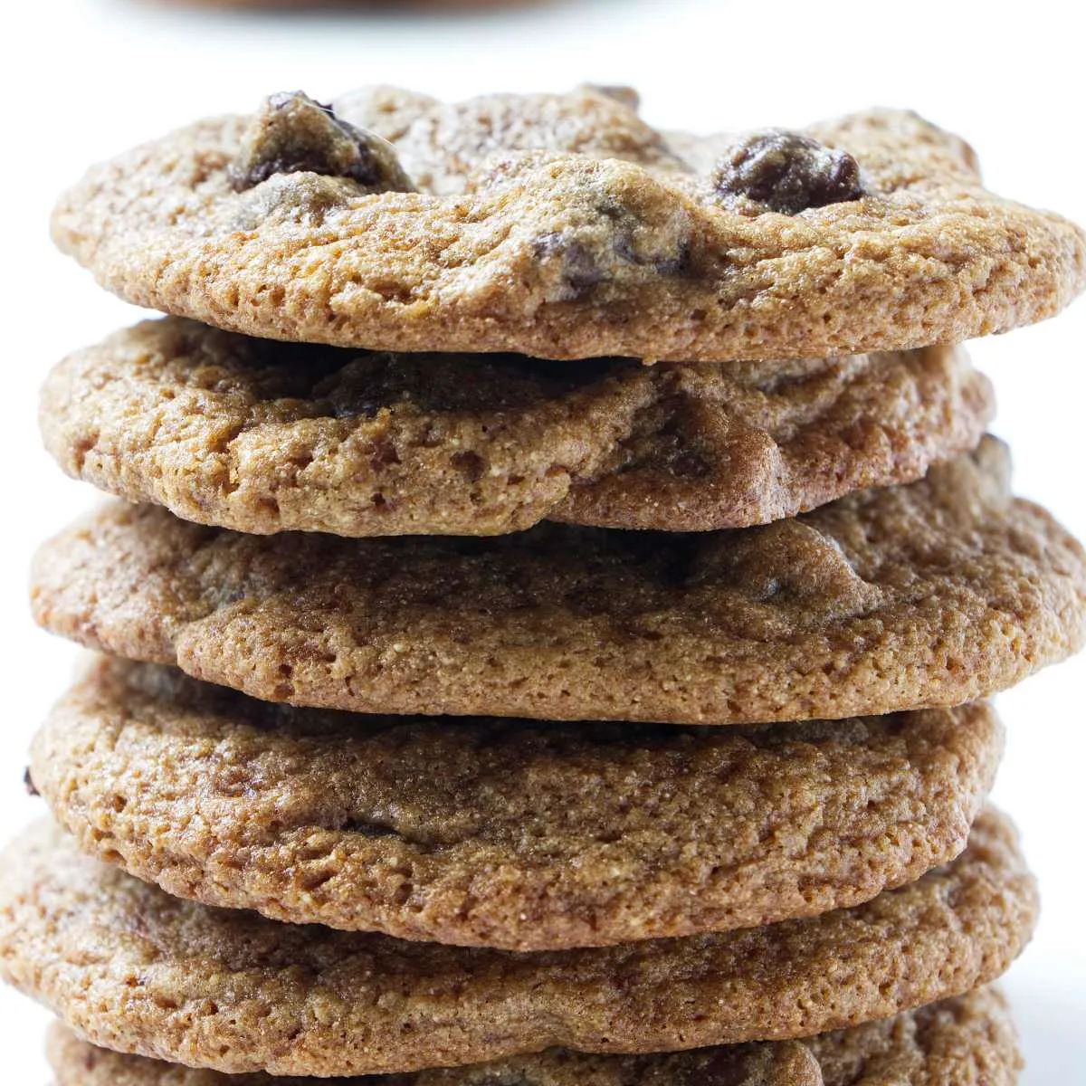 A stack of six spelt flour chocolate chip cookies.